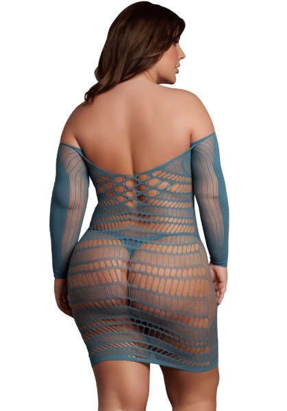 Long-Sleeved Net Mini Dress, blue - Queen Size