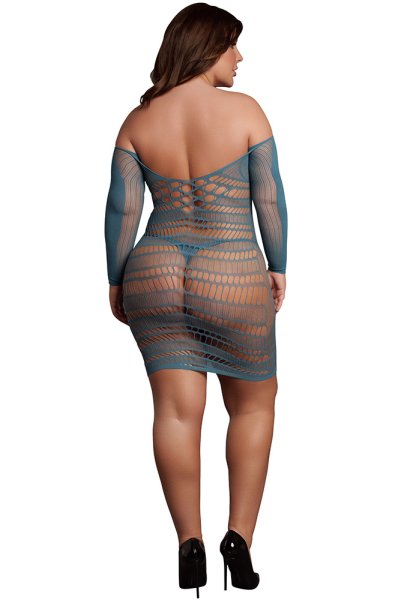 Long-Sleeved Net Mini Dress, blue - Queen Size