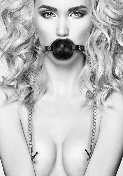 Black & White Breathable Ball Gag with Nipple Clamps